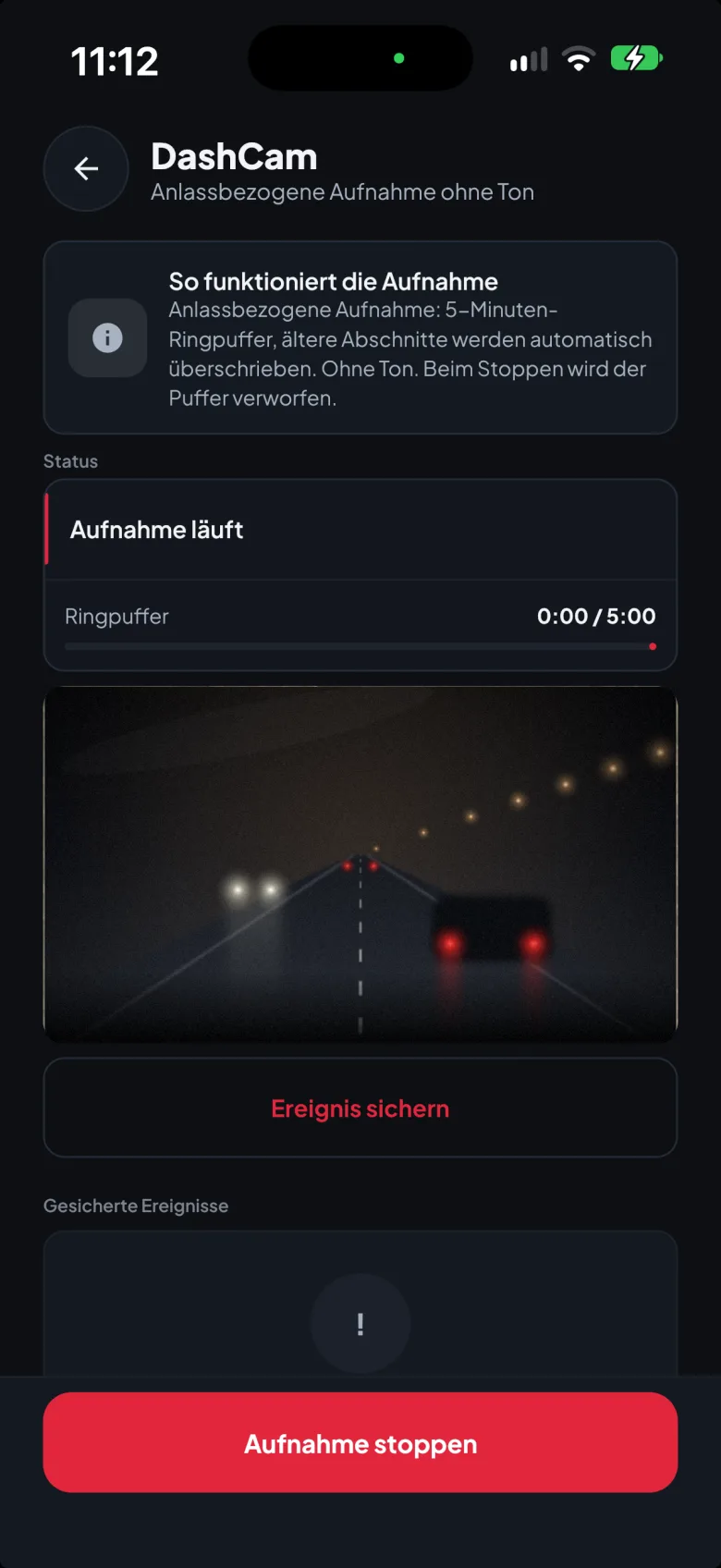 DashCam of the driver app: event-based recording without sound with a five-minute ring buffer