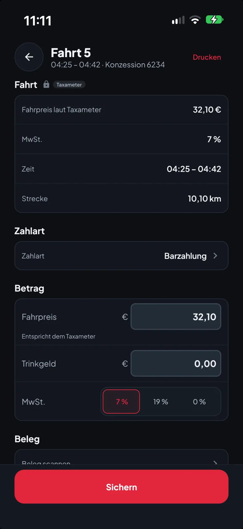 Edit trip: fare according to the taximeter, payment method, tip and VAT rate