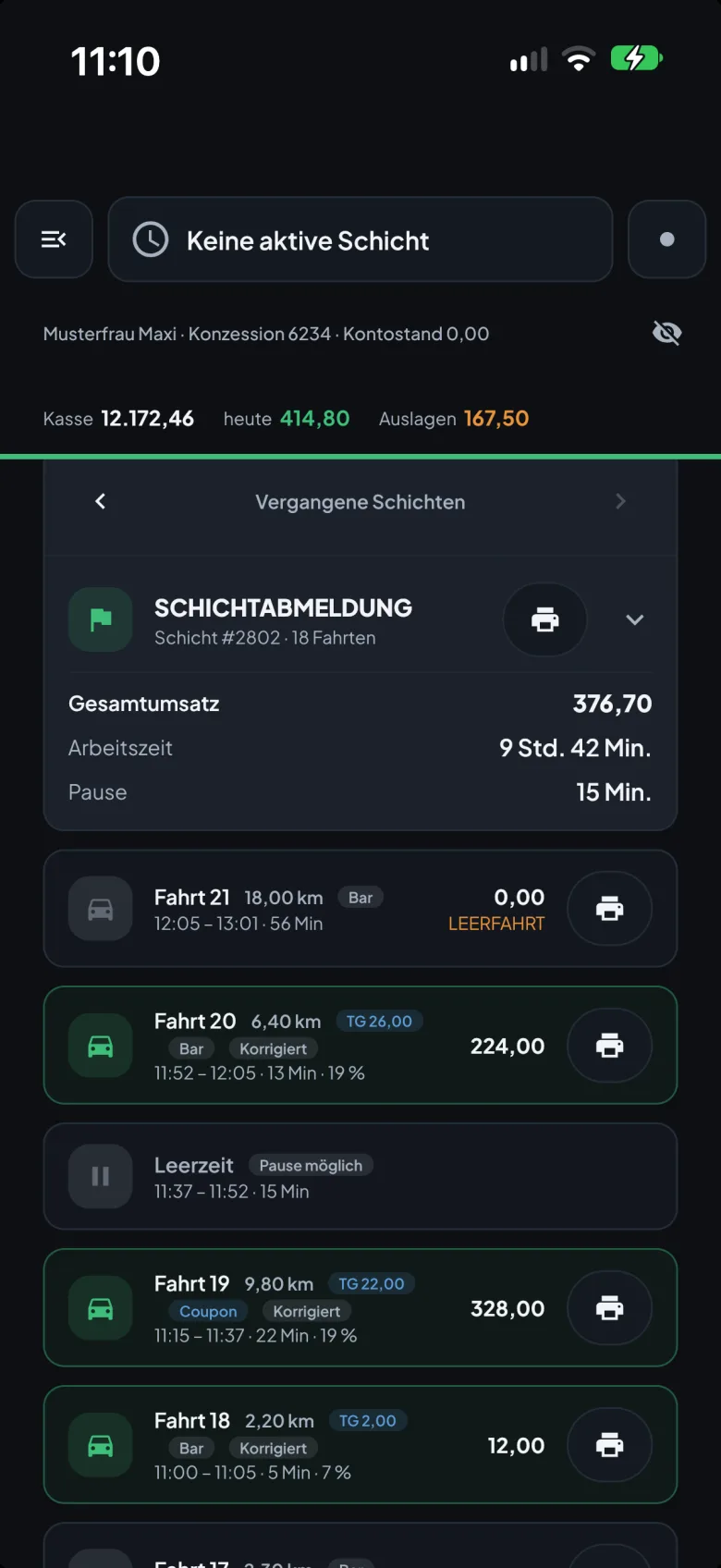 Main view of the starksoft driver app: cash, daily takings, expenses and the trips of the last shift