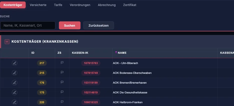 starkcenter health insurer billing: tabs for payers, insured persons, tariffs, prescriptions, billing and certificate, below payers with insurer IK number
