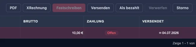 starkcenter invoices: toolbar with PDF, XRechnung, finalise, send and mark as paid, below a finalised invoice