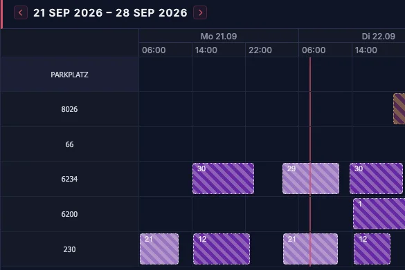 starkcenter shift plan, week of 21 to 28 September 2026: one row per vehicle containing the shifts with the driver's staff number